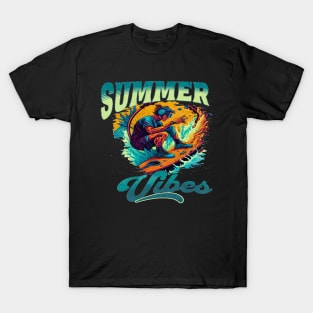 Summer Vibes, Hello Summer Vintage Funny Surfer Riding Surf Surfing Lover Gifts T-Shirt